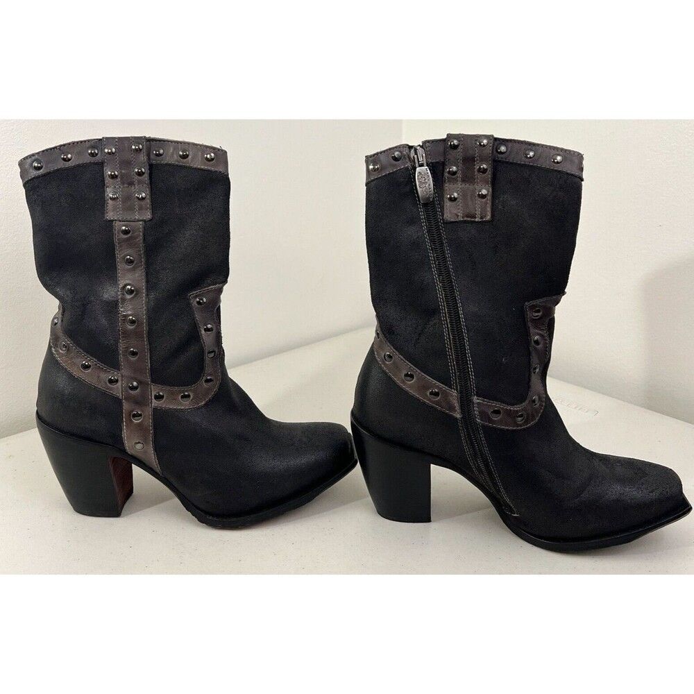 Mark Nason Women’s Black 7 Narrow Rivet Western-Style Boots Chunky Heel, Zip Up